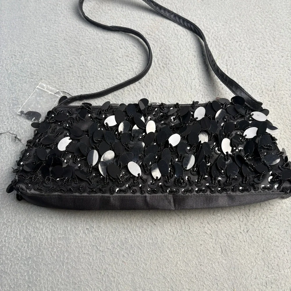 Sasha Black Satin Sequin Beaded Evening Bag Clutch Shoulder Purse Formal Wedding